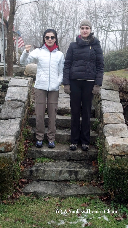 Erica and Emily on the steps of the sunken garden at Weir Farm