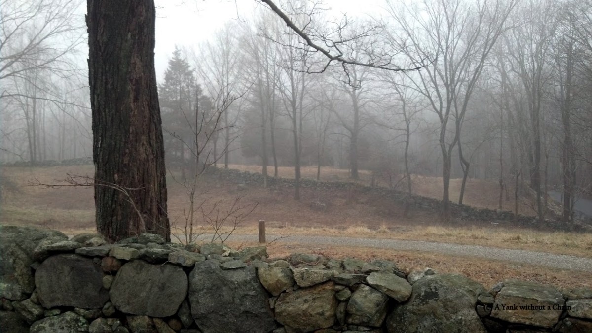 Mist and a stone wall at the Weir Farm