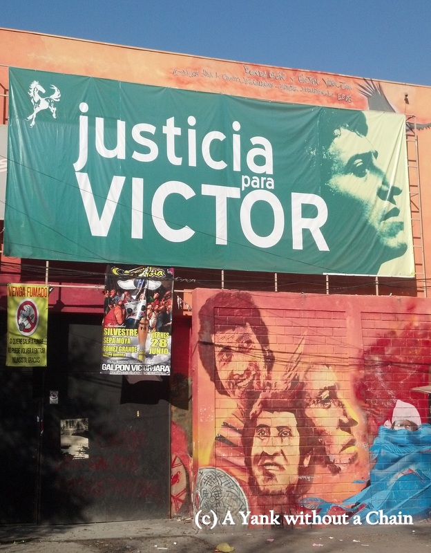 A nightclub with a memorial to Victor Jara, a folk singer assassinated by the Pinochet regime in 1973