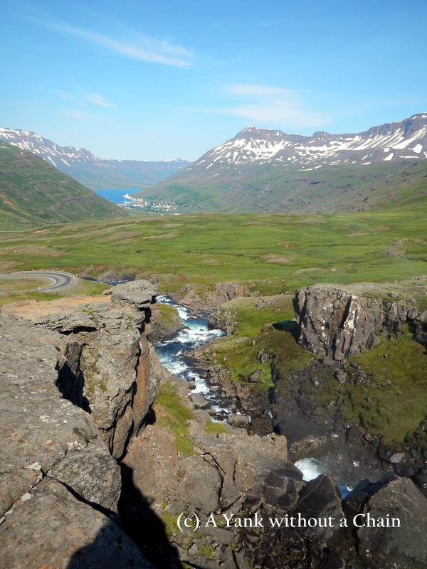 The town of Seydisfjordur viewed from the road from above