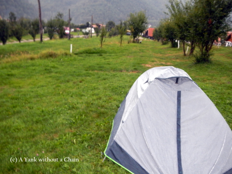 My tent, dripping wet from the rain, at Ananas in Cisnadioara