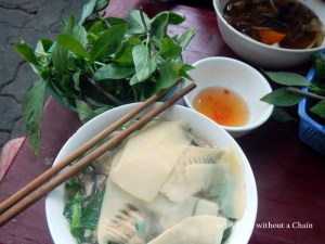 Duck noodle soup with bamboo at a street food stall in Hanoi
