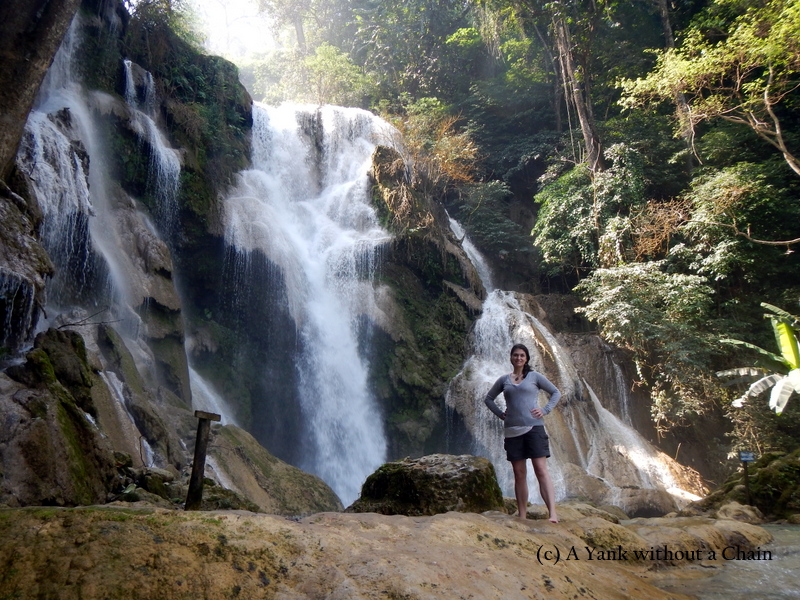 Standing in front of the Kuang Si waterfalls