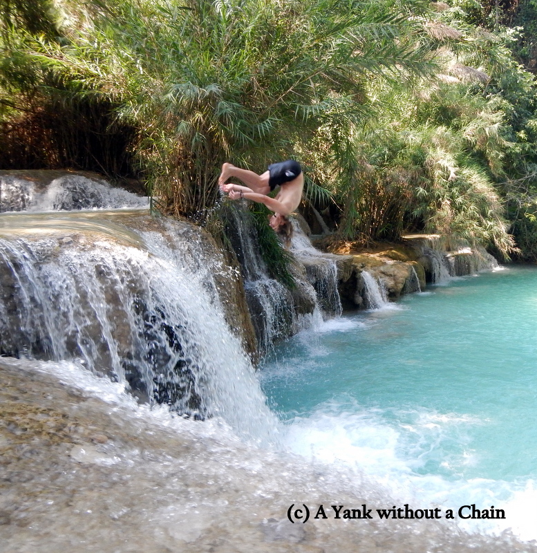 Florian doing a back flip off one of the smaller waterfalls
