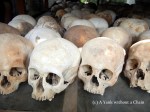 Skulls of the victims of the Killing Fields on display inside the memorial stupa