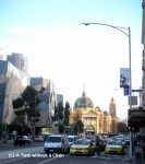 Looking down Flinders Street at the station