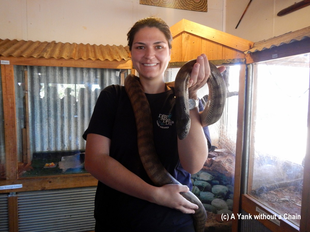 Making a new friend at a roadhouse off the Stuart Highway in the middle of nowhere!